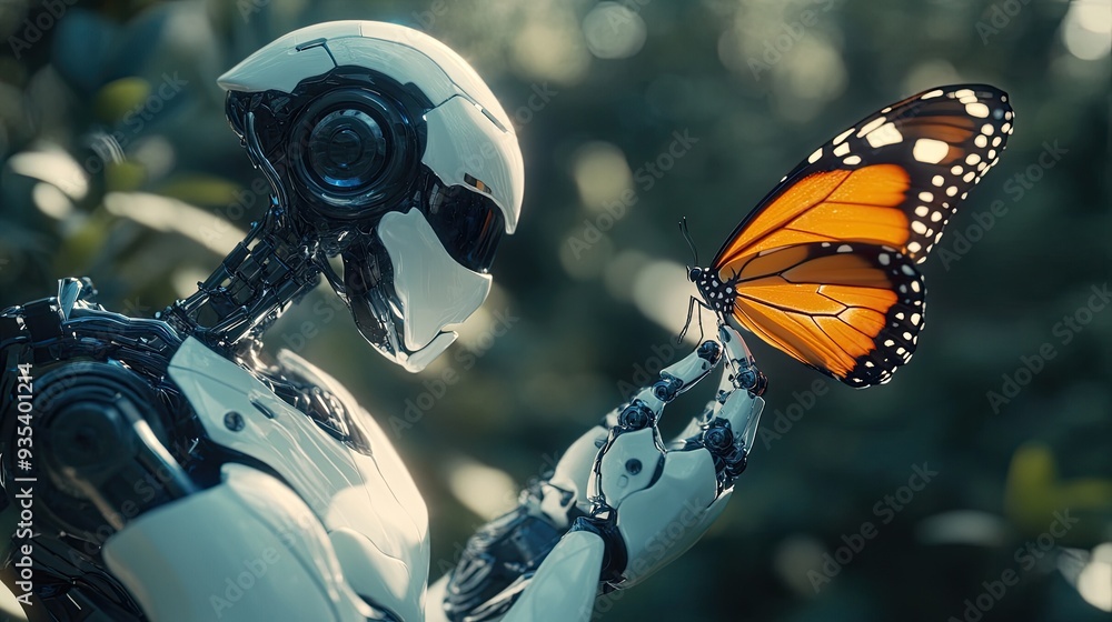 Poster a close-up 3d render of a robot staring intently at a butterfly resting on its finger. the image cap