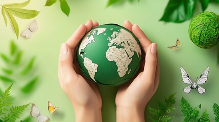 Hands holding earth surrounded by green leaves and butterflies, symbolizing care for the environment.