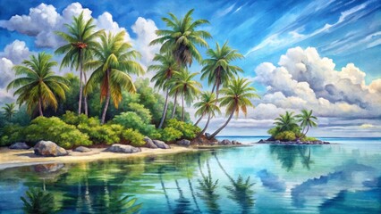 Fototapeta premium Bask in the tranquility of a tropical island, where gentle waves and blue skies converge in a serene blend of soothing colors and peaceful nature.