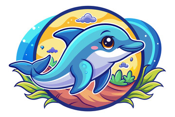 Naklejka premium Cute Cartoon Dolphin with Big Eyes in a Seascape