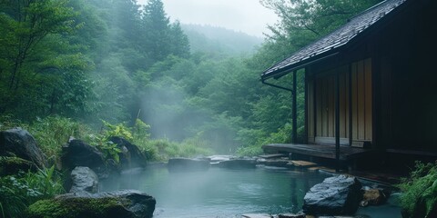 Fototapeta premium Misty forest hot spring with wooden hut.