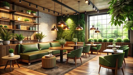 Obraz premium Beautifully crafted space where earthy tones of brown, green, and beige harmonize with soft lighting, creating a haven for coffee enthusiasts to unwind.