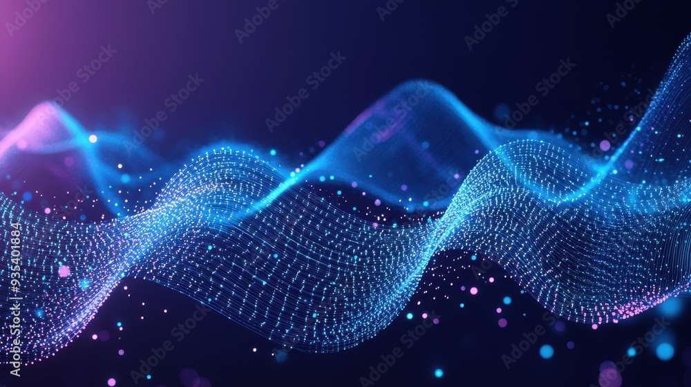 Poster abstract wave design with glowing particles in a vibrant color scheme.