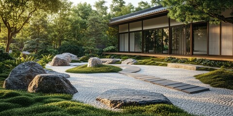 Naklejka premium Zen garden with a stone path and house.