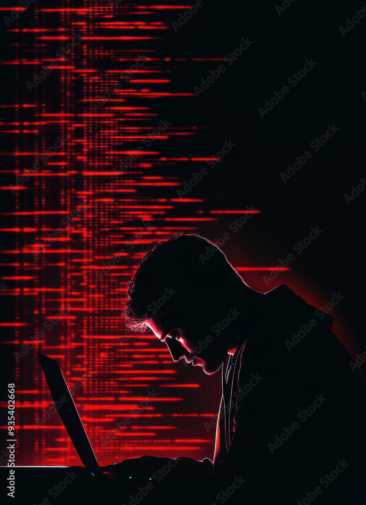 Aufkleber silhouette of focused person using laptop with red digital code in background.