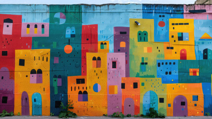 Fototapeta premium Colorful Urban Street Art Mural with Geometric Shapes and Vibrant Colors on City Wall