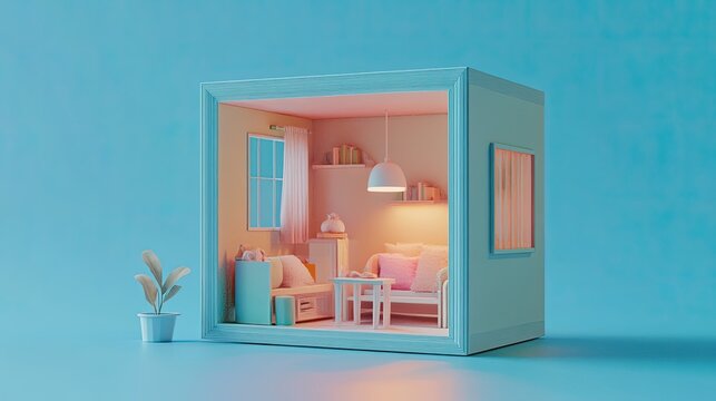 Explore a tiny world with this isometric 3D rendering of a miniature room inside a cutaway box. Soft lighting and gentle colors create a delicate, serene atmosphere in this detailed Blender scene