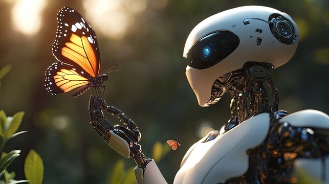 In a peaceful 3D-rendered scene, a robot gazes at a butterfly that has landed on its finger. The moment captures a quiet connection between artificial intelligence and nature
