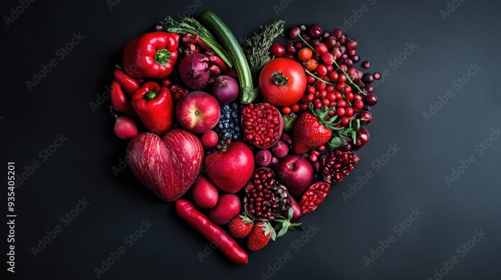 Poster Red fruits and vegetables arranged in a perfect heart shape, contrasting beautifully with the black background. Ideal for promoting health, nutrition, or Valentine's Day themes.