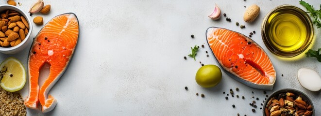 Fats are nutrients in food that the body uses to build cell membranes, nerve tissue including the brain, and hormones. Fats food banner with copyspace.