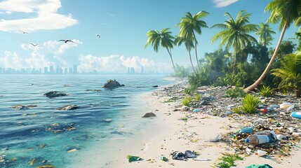 Fototapeta premium 86. Detailed 3D render of a coastal environment with waste accumulation and its impact on marine biodiversity, set against a clean background