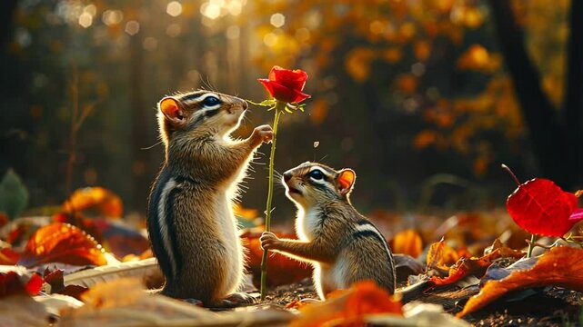 Cute Chipmunks in autumn forest with colorful flower. Cheeks bulging. Stocks for the winter. Closeup. Selective focus Orange fall forest wildlife