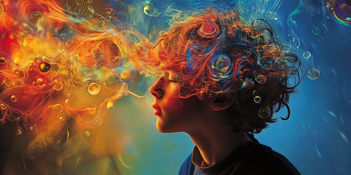 bipolar concept painting with colorful thoughts exploding out of a person's head