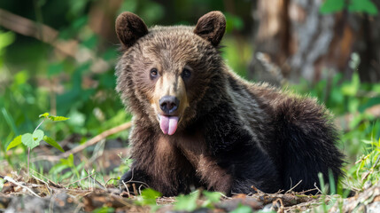 Playful Brown Bear Cub with Tongue Out in Forest.