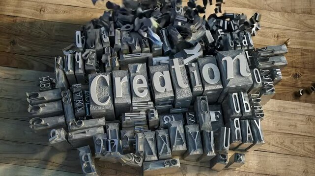Block of metallic printing letters and the word creation