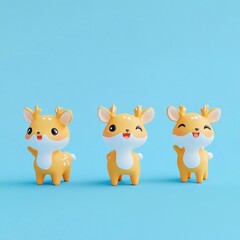 Obraz premium Three cute cartoon deer figurines with cheerful expressions on a blue background.