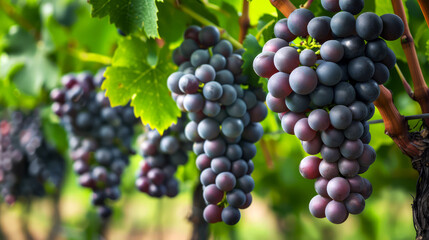 Closeup of Red Grapes Hanging from Vine in Vineyard.
