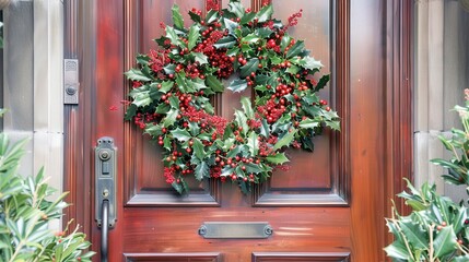 Wreaths adorned with holly and berries decorate doors, welcoming guests with festive holiday spirit.