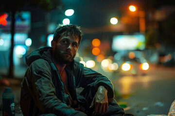 Obraz premium Man Sitting in City Lights at Night.