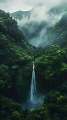 A waterfall surrounded by a green jungle, seen from above on a rainy day.