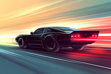 black car at high speed along the highway blur movement speed, cartoon style, vector, 3d rendering