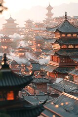A closeup 3D render of an elegant ancient china city, minimalist style with subtle colors, soft lighting -