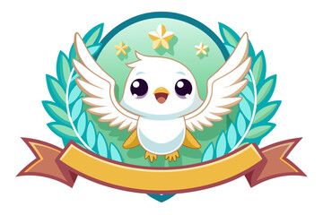 Fototapeta premium Cartoon Bird with Spread Wings and Banner Inside a Green Floral Wreath