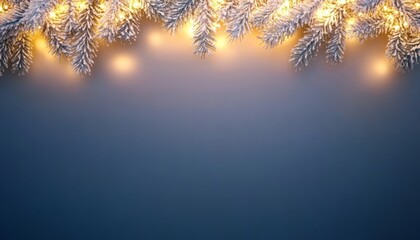 Merry Christmas and Happy New Year. Christmas garland of pine branches and lights on background. Xmas border and poster space for text