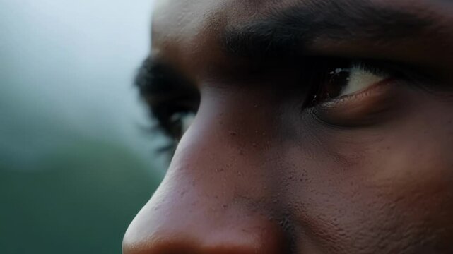 Close up of a focused young black athlete concentrating on his goals, his intense gaze reflecting his determination and drive