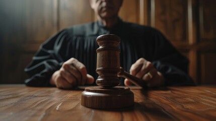 A judge sits at a wooden desk, poised with a gavel, as a lawyer prepares for legal arguments in a focused courtroom setting