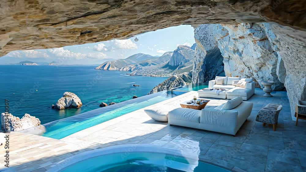 Poster luxury contemporary architecture house with pool at the top of a cliff with view to the ocean