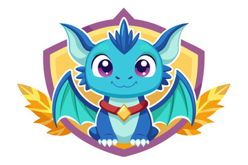 Naklejka premium Cute Blue Dragon with Wings Inside a Shield