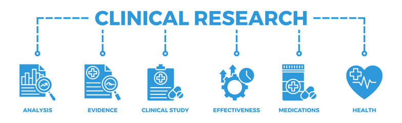 Clinical research banner web icon illustration concept with icon of analysis, evidence, clinical study, effectiveness, medications and health