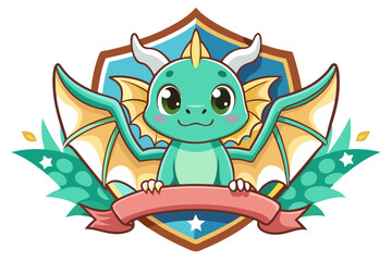 Obraz premium Cute Green Dragon Mascot with Wings and Banner