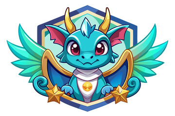 Fototapeta premium Cartoon Blue Dragon With Wings And Golden Stars