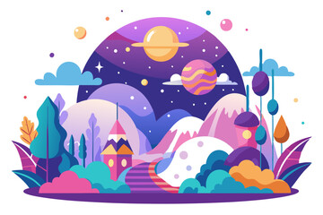 A whimsical landscape with a house, mountains, and planets in the night sky