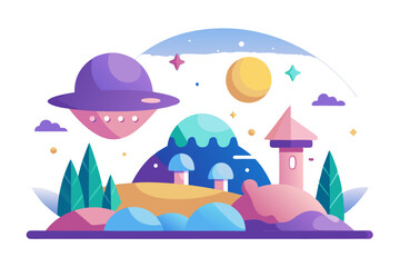 Colorful Cartoon Landscape with UFO and Tower