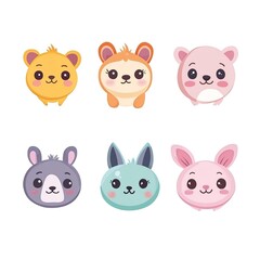 Fototapeta premium Six Cute Kawaii Animal Avatars on a White Background: Charming and Playful Vector Illustrations of Adorable Animals in Kawaii Style. Perfect for Profile Pictures, Digital Icons, and Fun Graphics.