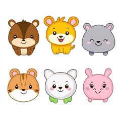 Six Cute Kawaii Animal Avatars on a White Background: Charming and Playful Vector Illustrations of Adorable Animals in Kawaii Style. Perfect for Profile Pictures, Digital Icons, and Fun Graphics.