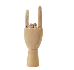 Wooden hand making the rock sign. PNG Transparent background.  Concept of symbol, gesture and sign