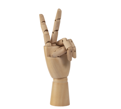 Wooden hand making the symbol of victory with 2 fingers.PNG Transparent background.  Concept of symbol, gesture and sign