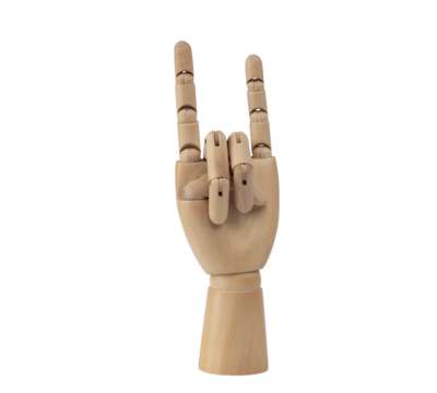 Wooden hand making the rock symbol. PNG Transparent background.  Concept of symbol, gesture and sign