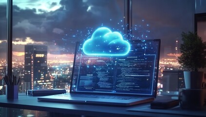 Obraz premium A laptop with cloud technology displayed on the screen, sitting in an office setting with a futuristic cityscape background. 