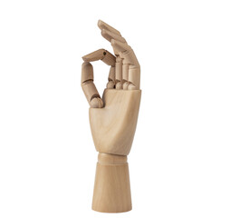 Wooden hand forming a circle with thumb and index finger, making the OK sign. PNG Transparent background. Concept of symbol, gesture and sign