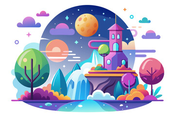 Fototapeta premium Fantasy Landscape with Castle, Waterfall, and Moon