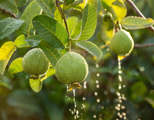 Obraz premium water dropping Guavas with Tree branches. ai generated
