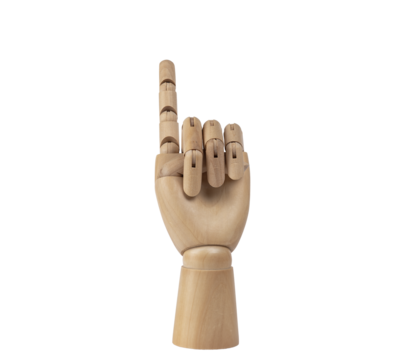 Wooden hand with raised index finger pointing upward with palm facing camera. PNG Transparent background.  Concept of showing, indicating, symbol, gesture and sign