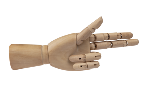Wooden hand horizontally pointing with middle and index finger. PNG Transparent background.  Concept of show, indicate, symbol, gesture and sign
