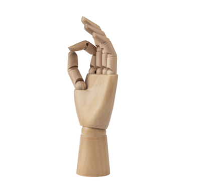 Wooden hand forming a circle with thumb and index finger, making the OK sign. PNG Transparent background. Concept of symbol, gesture and sign