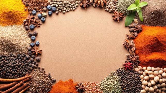 Close-up of diverse spices from around the world arranged in a circle, food, global kitchen staples